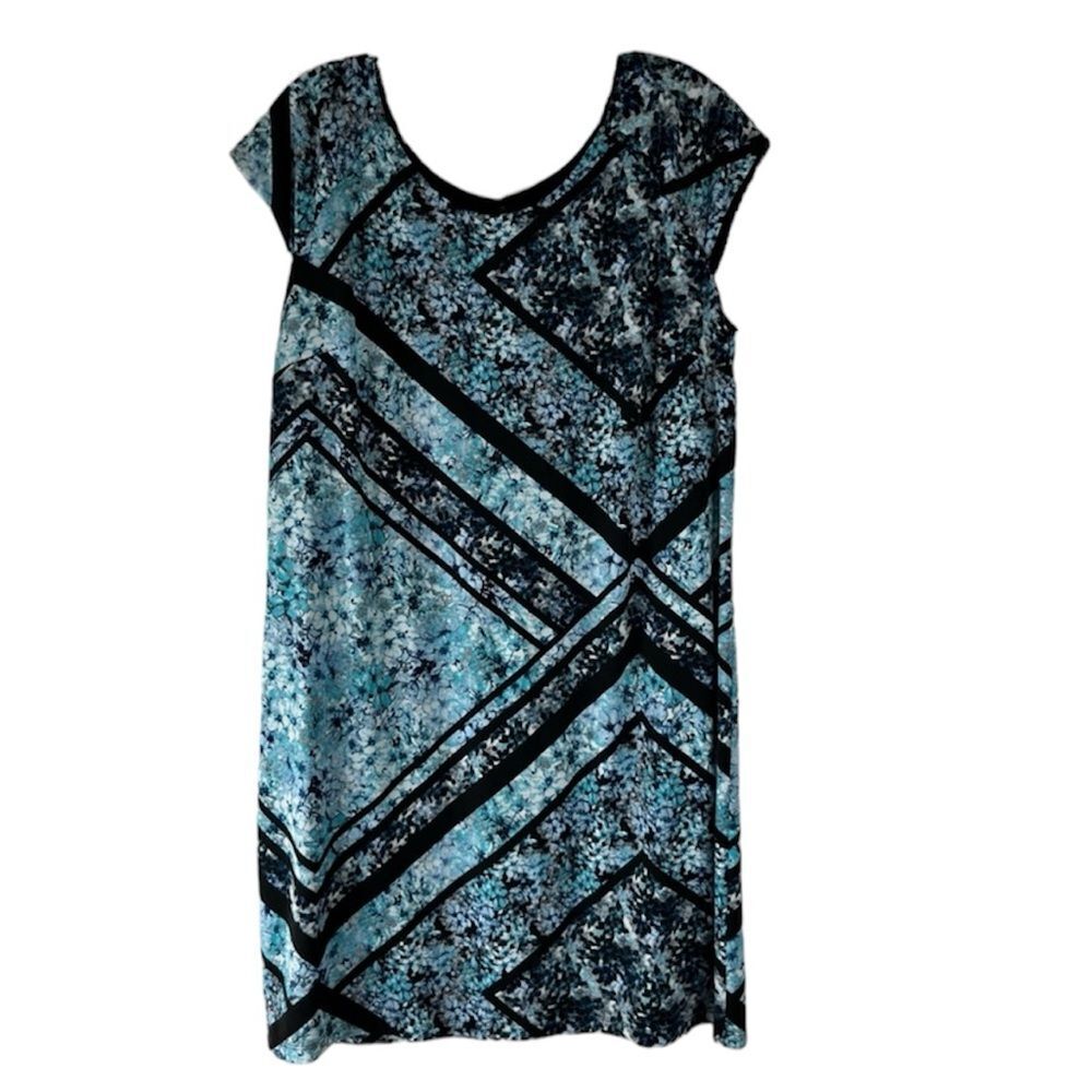 Alexa B Dress Women’s Blue White Black Abstract Floral Short Sleeve Shift 14